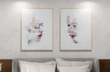 Load image into Gallery viewer, 18" x 24" original watercolor emotional portrait painting in an expressive, impressionist, minimalist, modern style by contemporary fine artist Elizabeth Becker. Soft pastel watery peach, red and white colors.