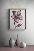Load image into Gallery viewer, 11” x 15” original watercolor ink botanical wild rose floral painting in an expressive, impressionist, minimalist, modern style by contemporary fine artist Elizabeth Becker. Watery muted mauve, eggplant or plum purple and white colors.