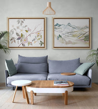 Load image into Gallery viewer, 25 3/4” x 36” original watercolor abstract landscape painting of Colorado mountains in an ethereal, expressive, impressionist, minimalist, modern style by contemporary fine artist Elizabeth Becker. Soft watery blue, olive green and white colors.