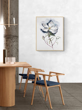 Load image into Gallery viewer, 16” x 20” original watercolor botanical wild rose floral painting in an expressive, impressionist, minimalist, modern style by contemporary fine artist Elizabeth Becker. Soft watery monochromatic black, payne's gray, olive green and white colors.