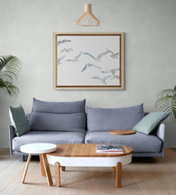 Load image into Gallery viewer, 18” x 24” original watercolor flying geese birds painting in an ethereal, expressive, impressionist, minimalist, modern style by contemporary fine artist Elizabeth Becker. Soft muted pale blue gray and white colors.