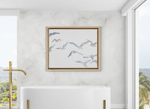 Load image into Gallery viewer, 18” x 24” original watercolor flying geese birds painting in an ethereal, expressive, impressionist, minimalist, modern style by contemporary fine artist Elizabeth Becker. Soft muted pale blue gray and white colors.