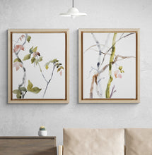 Load image into Gallery viewer, 9” x 12” original watercolor botanical nature painting of plant, leaves and tree branches in an expressive, impressionist, minimalist, modern style by contemporary fine artist Elizabeth Becker. Soft watery muted pink, olive green, gray and white colors.