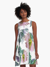 Load image into Gallery viewer, A-line or swing dress featuring original hand-painted watercolor painting by artist Elizabeth Becker. Minimal modern flowy summer tent dress with floral design. Soft pink, green, purple and white colors. Loose expressive botanical hibiscus flowers.