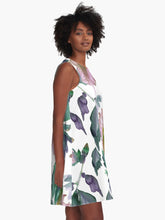 Load image into Gallery viewer, A-line or swing dress featuring original hand-painted watercolor painting by artist Elizabeth Becker. Minimal modern flowy summer tent dress with floral design. Soft pink, green, purple and white colors. Loose expressive botanical hibiscus flowers.