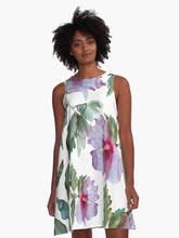 Load image into Gallery viewer, A-line or swing dress featuring original hand-painted watercolor painting by artist Elizabeth Becker. Minimal modern flowy summer tent dress with floral design. Purple, red, green, and white colors. Loose expressive botanical hibiscus flowers.