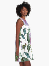 Load image into Gallery viewer, A-line or swing dress featuring original hand-painted watercolor painting by artist Elizabeth Becker. Minimal modern flowy summer tent dress with floral design. Purple, red, green, and white colors. Loose expressive botanical hibiscus flowers.