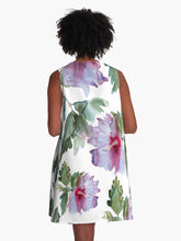 Load image into Gallery viewer, A-line or swing dress featuring original hand-painted watercolor painting by artist Elizabeth Becker. Minimal modern flowy summer tent dress with floral design. Purple, red, green, and white colors. Loose expressive botanical hibiscus flowers.