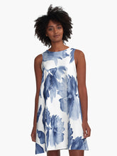 Load image into Gallery viewer, A-line or swing dress featuring original hand-painted watercolor painting by artist Elizabeth Becker. Minimal modern flowy summer tent dress with floral design. Monochromatic soft blue and white colors. Loose expressive botanical hibiscus flowers.
