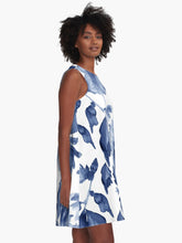 Load image into Gallery viewer, A-line or swing dress featuring original hand-painted watercolor painting by artist Elizabeth Becker. Minimal modern flowy summer tent dress with floral design. Monochromatic soft blue and white colors. Loose expressive botanical hibiscus flowers.