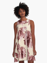 Load image into Gallery viewer, A-line or swing dress featuring original hand-painted watercolor painting by artist Elizabeth Becker. Minimal modern flowy summer tent dress with floral design. Maroon red and cream colors. Loose expressive botanical hibiscus flowers.