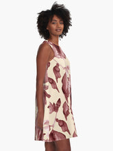 Load image into Gallery viewer, A-line or swing dress featuring original hand-painted watercolor painting by artist Elizabeth Becker. Minimal modern flowy summer tent dress with floral design. Maroon red and cream colors. Loose expressive botanical hibiscus flowers.