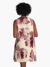 Load image into Gallery viewer, A-line or swing dress featuring original hand-painted watercolor painting by artist Elizabeth Becker. Minimal modern flowy summer tent dress with floral design. Maroon red and cream colors. Loose expressive botanical hibiscus flowers.