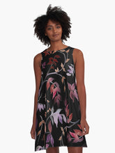 Load image into Gallery viewer, A-line or swing dress featuring original hand-painted watercolor painting by artist Elizabeth Becker. Minimal modern flowy summer tent dress with floral design. Muted maroon red, soft lavender purple, and peach colors on black background. Loose expressive tree branches, leaves and vines design.
