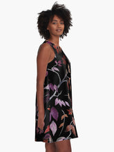 Load image into Gallery viewer, A-line or swing dress featuring original hand-painted watercolor painting by artist Elizabeth Becker. Minimal modern flowy summer tent dress with floral design. Muted maroon red, soft lavender purple, and peach colors on black background. Loose expressive tree branches, leaves and vines design.