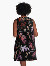 Load image into Gallery viewer, A-line or swing dress featuring original hand-painted watercolor painting by artist Elizabeth Becker. Minimal modern flowy summer tent dress with floral design. Muted maroon red, soft lavender purple, and peach colors on black background. Loose expressive tree branches, leaves and vines design.