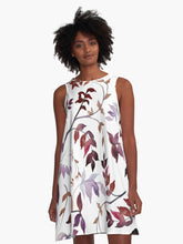 Load image into Gallery viewer, A-line or swing dress featuring original hand-painted watercolor painting by artist Elizabeth Becker. Minimal modern flowy summer tent dress with floral design. Muted maroon red, soft lavender purple, peach and white colors. Loose expressive tree branches, leaves and vines design.