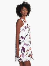 Load image into Gallery viewer, A-line or swing dress featuring original hand-painted watercolor painting by artist Elizabeth Becker. Minimal modern flowy summer tent dress with floral design. Muted maroon red, soft lavender purple, peach and white colors. Loose expressive tree branches, leaves and vines design.