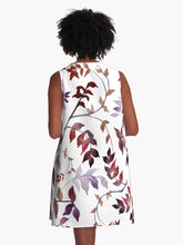 Load image into Gallery viewer, A-line or swing dress featuring original hand-painted watercolor painting by artist Elizabeth Becker. Minimal modern flowy summer tent dress with floral design. Muted maroon red, soft lavender purple, peach and white colors. Loose expressive tree branches, leaves and vines design.