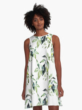 Load image into Gallery viewer, A-line or swing dress featuring original hand-painted watercolor painting by artist Elizabeth Becker. Minimal modern flowy summer tent dress with floral design. Soft green, black and white colors. Loose expressive leaves design.