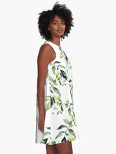Load image into Gallery viewer, A-line or swing dress featuring original hand-painted watercolor painting by artist Elizabeth Becker. Minimal modern flowy summer tent dress with floral design. Soft green, black and white colors. Loose expressive leaves design.