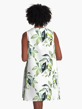 Load image into Gallery viewer, A-line or swing dress featuring original hand-painted watercolor painting by artist Elizabeth Becker. Minimal modern flowy summer tent dress with floral design. Soft green, black and white colors. Loose expressive leaves design.