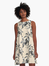 Load image into Gallery viewer, A-line or swing dress featuring original hand-painted watercolor painting by artist Elizabeth Becker. Minimal modern flowy summer tent dress with floral design. Neutral black, white, gray and cream colors. Loose expressive botanical leaves design.
