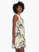 Load image into Gallery viewer, A-line or swing dress featuring original hand-painted watercolor painting by artist Elizabeth Becker. Minimal modern flowy summer tent dress with floral design. Neutral black, white, gray and cream colors. Loose expressive botanical leaves design.