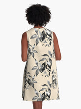 Load image into Gallery viewer, A-line or swing dress featuring original hand-painted watercolor painting by artist Elizabeth Becker. Minimal modern flowy summer tent dress with floral design. Neutral black, white, gray and cream colors. Loose expressive botanical leaves design.