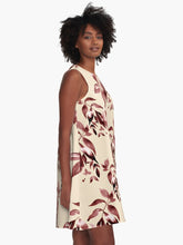 Load image into Gallery viewer, A-line or swing dress featuring original hand-painted watercolor painting by artist Elizabeth Becker. Minimal modern flowy summer tent dress with floral design. Dark maroon red and cream colors. Loose expressive botanical leaves design.
