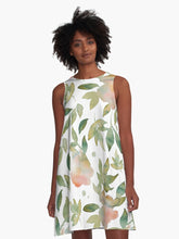 Load image into Gallery viewer, A-line or swing dress featuring original hand-painted watercolor painting by artist Elizabeth Becker. Flowy summer tent dress with floral design. Soft pink, peach, olive green and white colors. Botanical rose flowers and leaves.