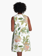 Load image into Gallery viewer, A-line or swing dress featuring original hand-painted watercolor painting by artist Elizabeth Becker. Flowy summer tent dress with floral design. Soft pink, peach, olive green and white colors. Botanical rose flowers and leaves.