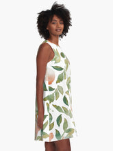 Load image into Gallery viewer, A-line or swing dress featuring original hand-painted watercolor painting by artist Elizabeth Becker. Flowy summer tent dress with floral design. Soft pink, peach, olive green and white colors. Botanical rose flowers and leaves.