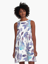 Load image into Gallery viewer, A-line or swing dress featuring original hand-painted watercolor painting by artist Elizabeth Becker. Flowy summer tent dress with floral design. Soft blue, purple and white colors. Botanical rose flowers and leaves.