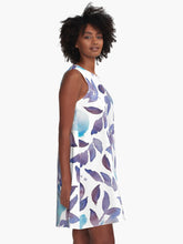 Load image into Gallery viewer, A-line or swing dress featuring original hand-painted watercolor painting by artist Elizabeth Becker. Flowy summer tent dress with floral design. Soft blue, purple and white colors. Botanical rose flowers and leaves.