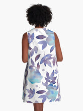 Load image into Gallery viewer, A-line or swing dress featuring original hand-painted watercolor painting by artist Elizabeth Becker. Flowy summer tent dress with floral design. Soft blue, purple and white colors. Botanical rose flowers and leaves.