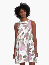 Load image into Gallery viewer, A-line or swing dress featuring original hand-painted watercolor painting by artist Elizabeth Becker. Flowy summer tent dress with floral design. Soft pink, mauve, green and white colors. Botanical rose flowers and leaves.