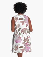 Load image into Gallery viewer, A-line or swing dress featuring original hand-painted watercolor painting by artist Elizabeth Becker. Flowy summer tent dress with floral design. Soft pink, mauve, green and white colors. Botanical rose flowers and leaves.