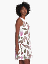 Load image into Gallery viewer, A-line or swing dress featuring original hand-painted watercolor painting by artist Elizabeth Becker. Flowy summer tent dress with floral design. Soft pink, mauve, green and white colors. Botanical rose flowers and leaves.