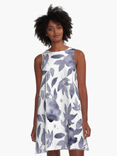Load image into Gallery viewer, A-line or swing dress featuring original hand-painted watercolor painting by artist Elizabeth Becker. Flowy summer tent dress with floral design. Muted soft eggplant purple and white colors. Botanical rose flowers and leaves.