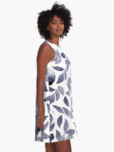 Load image into Gallery viewer, A-line or swing dress featuring original hand-painted watercolor painting by artist Elizabeth Becker. Flowy summer tent dress with floral design. Muted soft eggplant purple and white colors. Botanical rose flowers and leaves.