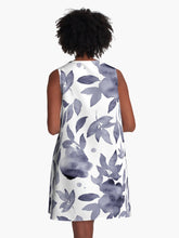 Load image into Gallery viewer, A-line or swing dress featuring original hand-painted watercolor painting by artist Elizabeth Becker. Flowy summer tent dress with floral design. Muted soft eggplant purple and white colors. Botanical rose flowers and leaves.