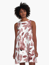 Load image into Gallery viewer, A-line or swing dress featuring original hand-painted watercolor painting by artist Elizabeth Becker. Flowy summer tent dress with floral design. Maroon red and white colors. Botanical rose flowers and leaves.