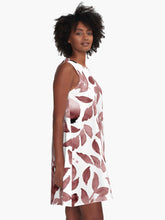 Load image into Gallery viewer, A-line or swing dress featuring original hand-painted watercolor painting by artist Elizabeth Becker. Flowy summer tent dress with floral design. Maroon red and white colors. Botanical rose flowers and leaves.