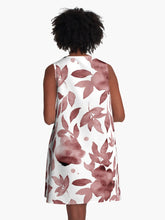 Load image into Gallery viewer, A-line or swing dress featuring original hand-painted watercolor painting by artist Elizabeth Becker. Flowy summer tent dress with floral design. Maroon red and white colors. Botanical rose flowers and leaves.