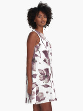 Load image into Gallery viewer, A-line or swing dress featuring original hand-painted watercolor painting by artist Elizabeth Becker. Minimal modern flowy summer tent dress with floral design. Monochromatic soft mauve, muted eggplant purple and white colors. Loose expressive botanical flowers.