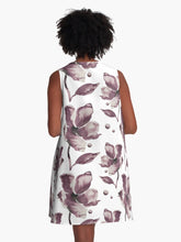 Load image into Gallery viewer, A-line or swing dress featuring original hand-painted watercolor painting by artist Elizabeth Becker. Minimal modern flowy summer tent dress with floral design. Monochromatic soft mauve, muted eggplant purple and white colors. Loose expressive botanical flowers.