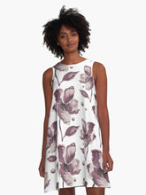 Load image into Gallery viewer, A-line or swing dress featuring original hand-painted watercolor painting by artist Elizabeth Becker. Minimal modern flowy summer tent dress with floral design. Monochromatic soft mauve, muted eggplant purple and white colors. Loose expressive botanical flowers.