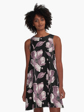 Load image into Gallery viewer, A-line or swing dress featuring original hand-painted watercolor painting by artist Elizabeth Becker. Minimal modern flowy summer tent dress with floral design. Monochromatic soft mauve and muted eggplant purple on black background. Loose expressive botanical flowers.