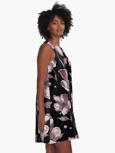 Load image into Gallery viewer, A-line or swing dress featuring original hand-painted watercolor painting by artist Elizabeth Becker. Minimal modern flowy summer tent dress with floral design. Monochromatic soft mauve and muted eggplant purple on black background. Loose expressive botanical flowers.